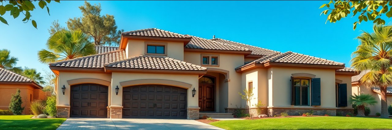 Luxury real estate sales suburban Mediterranean-style home exterior with lush landscaping