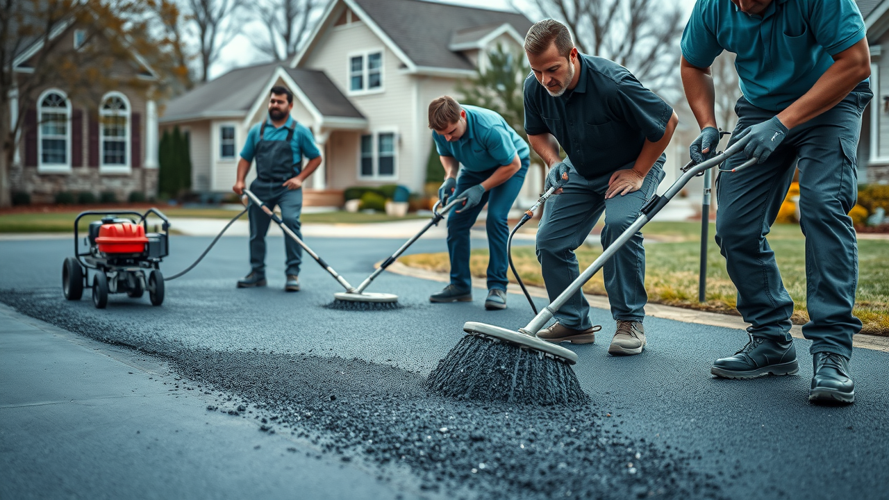Professional crew applying cost-effective seal coating to an asphalt driveway in Muskegon neighborhood, showcasing efficient coating services