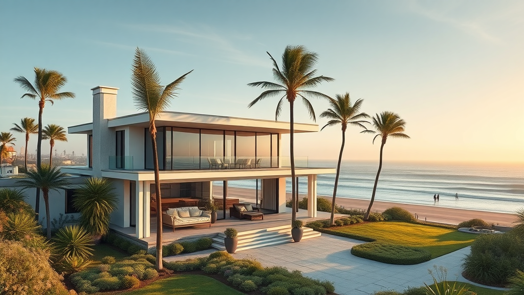 Huntington Beach real estate luxury beachfront home at sunset, modern design