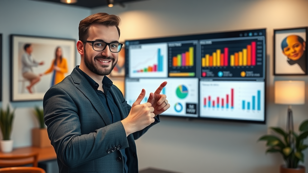 dedicated media manager presenting custom digital marketing campaign for Monmouthshire business, showcasing creative strategies on a smart screen.