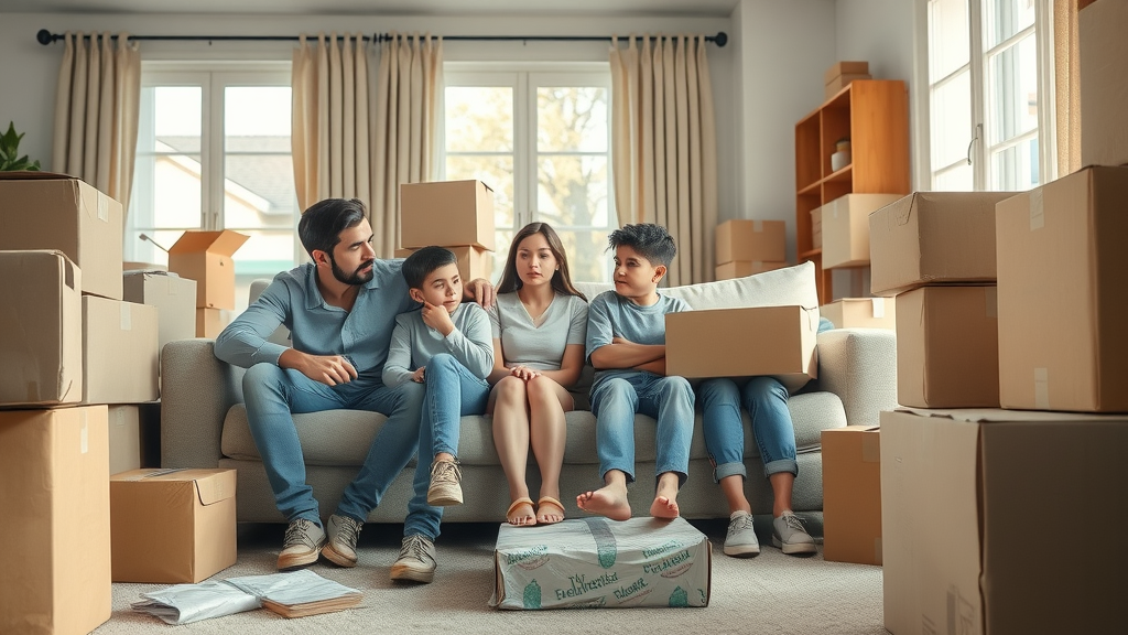 stressed young family surrounded by moving boxes and clutter using a local moving company to help pack in their suburban home