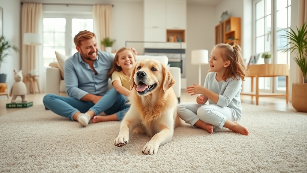 Bright family room with clean carpet and children playing after carpet cleaning