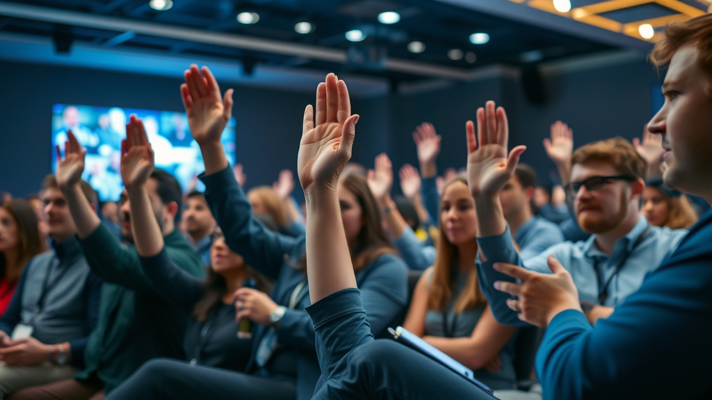 engaged hybrid event audience participating using digital devices in both physical and virtual spaces, audience engagement with hands raised