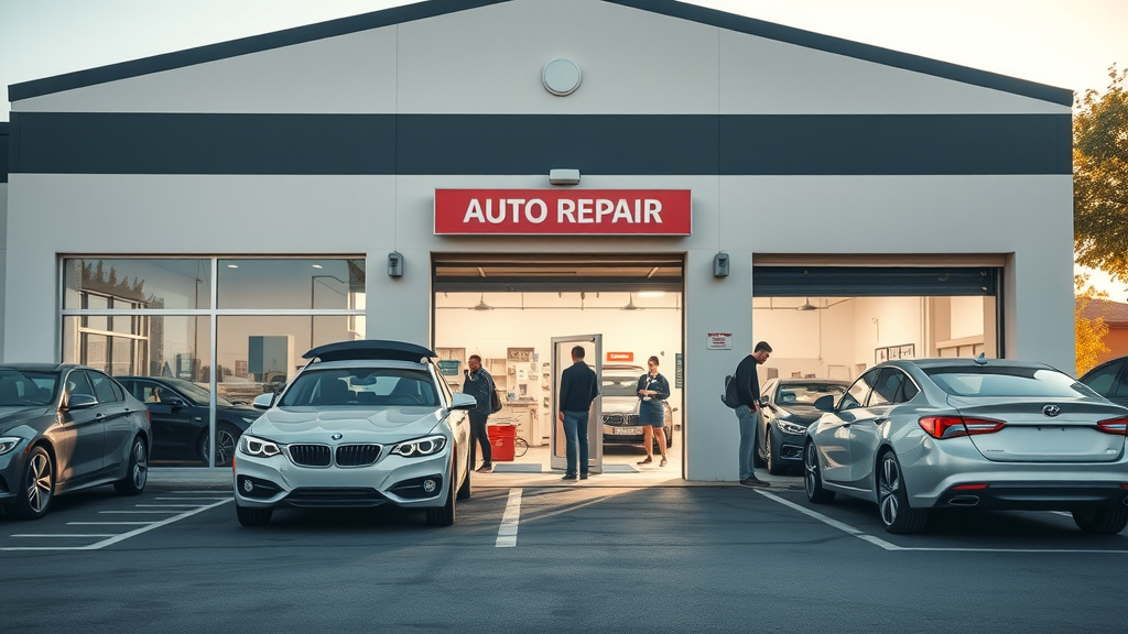 Inviting auto repair shop exterior, clean and modern, welcoming atmosphere with sunlit parking lot, best auto repair in Irving TX