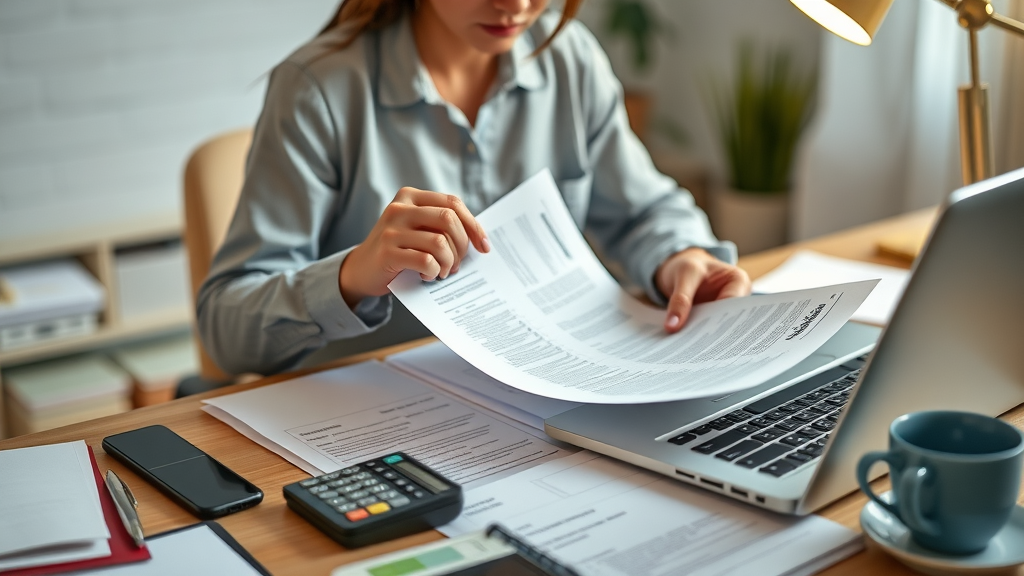 Entrepreneur assembling financial documents and using a laptop to prepare for equipment financing application.