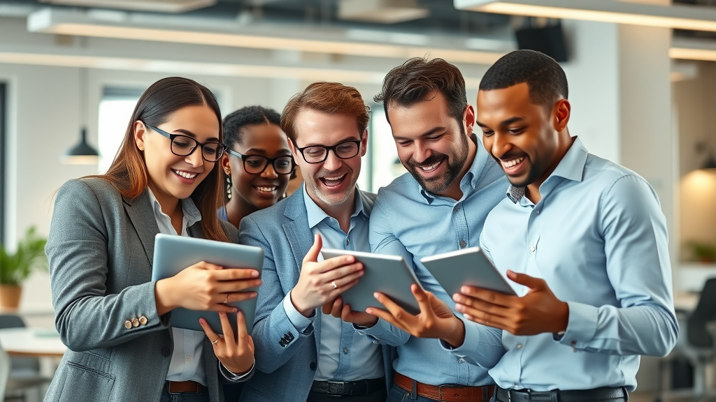 dynamic business team enthusiastically collaborating and brainstorming with digital devices to improve audience engagement in a modern bright open office