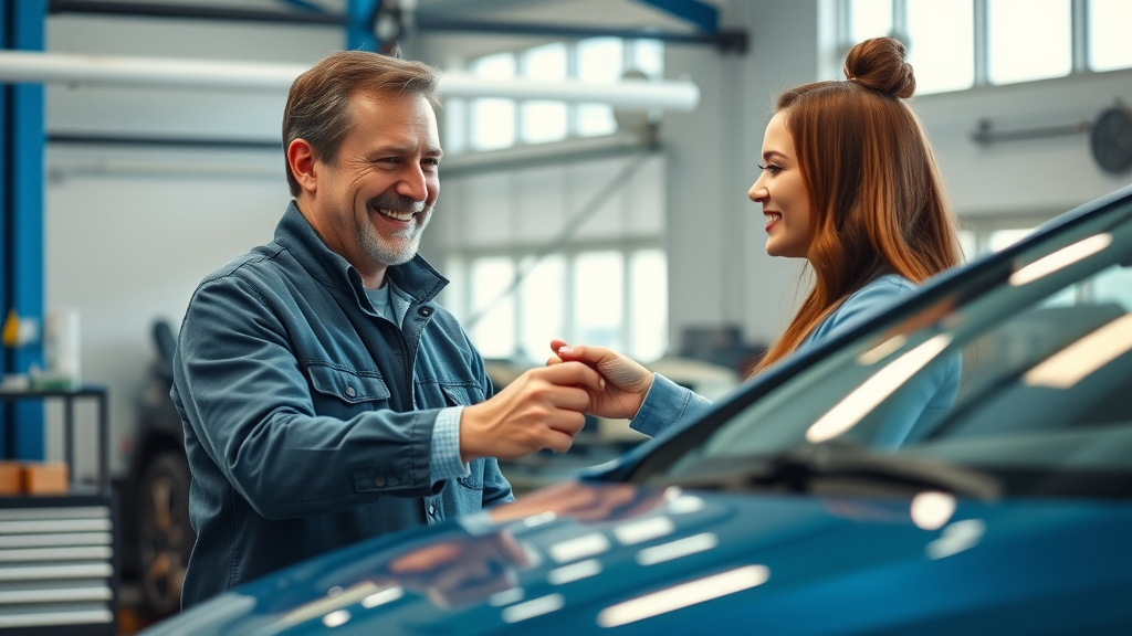 Happy customer receives keys from a mechanic after maintenance at auto repair in Irving TX