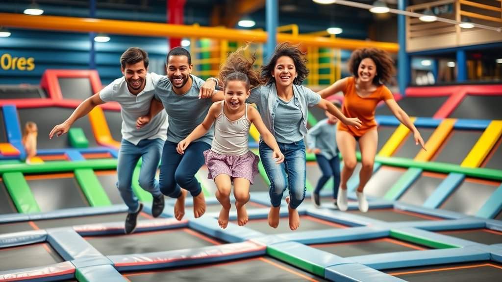 Diverse family enjoys affordable fun at local indoor trampoline park