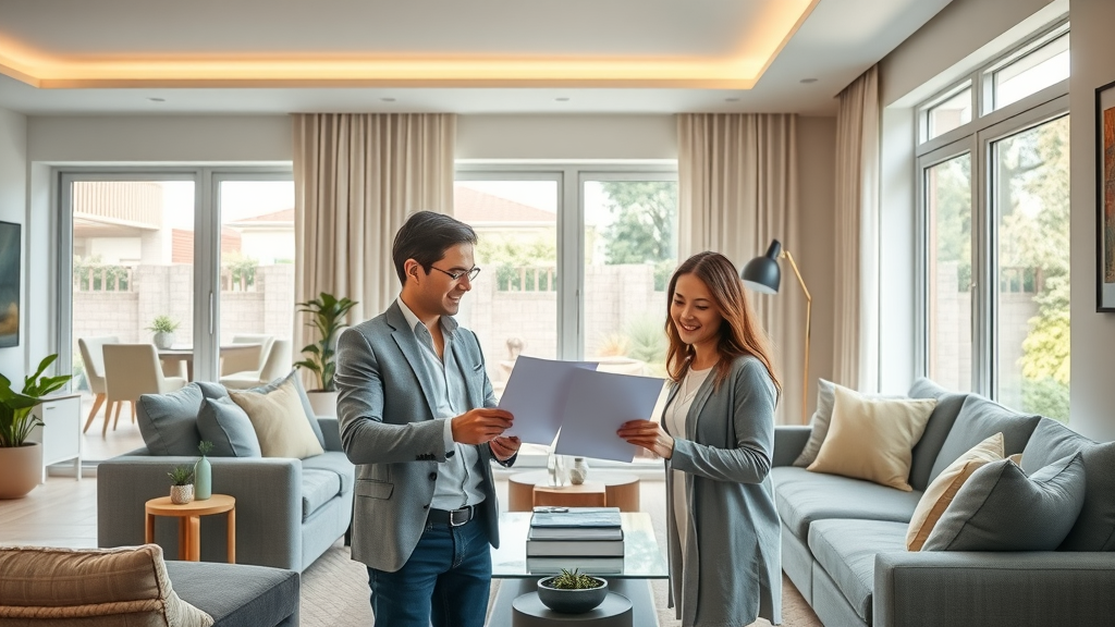 Homeowners work with real estate agent in a staged living room for home selling process