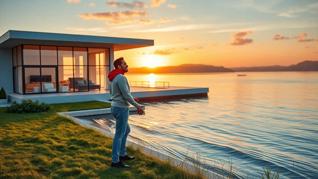 Happy family with keys at luxury waterfront home, real estate success story.