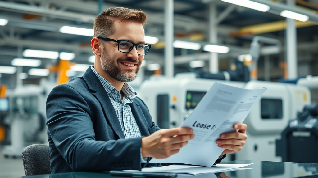 Business owner reviewing equipment leasing documents in front of high-tech equipment for equipment leasing.