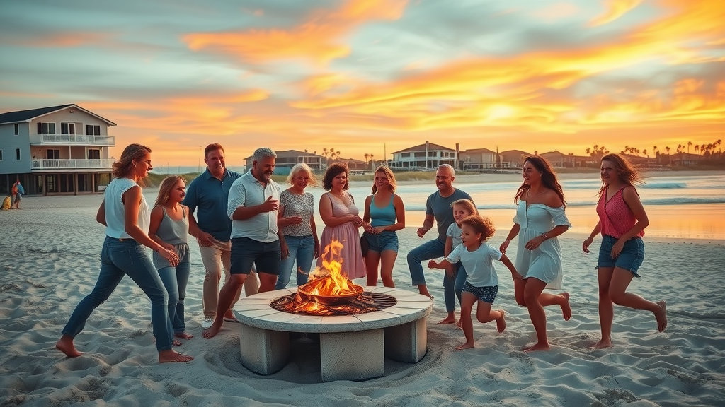 Sunset barbecue at Huntington Beach homes with happy families and coastal view.