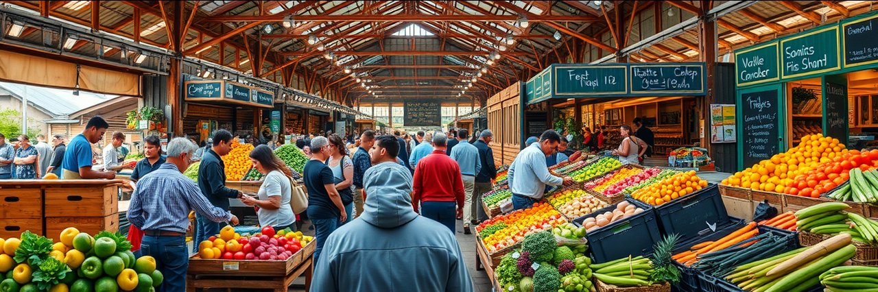Bustling wholesale foods market with vendors and shoppers among colorful produce.