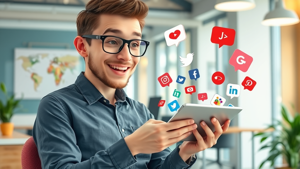 creative marketing specialist sharing off-page SEO content on social media, friendly office, vibrant social icons, modern workspace