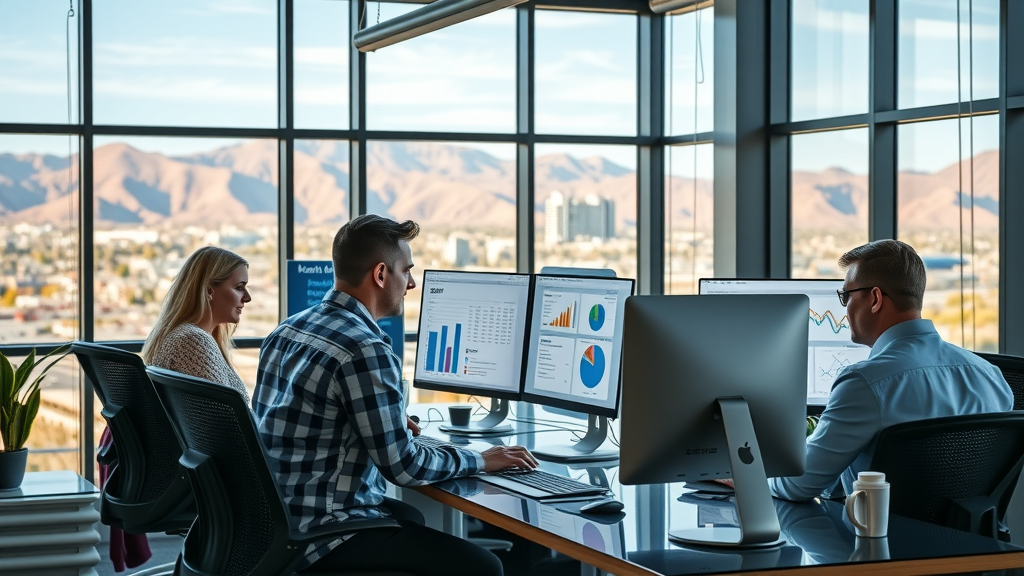 SEO company in Grand Junction team collaborating in modern office with mountain view