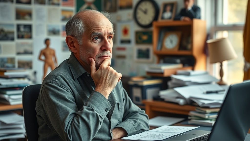 thoughtful middle-aged veteran sitting at a desk surrounded by paperwork struggling with VA secondary claims in a home office with military memorabilia
