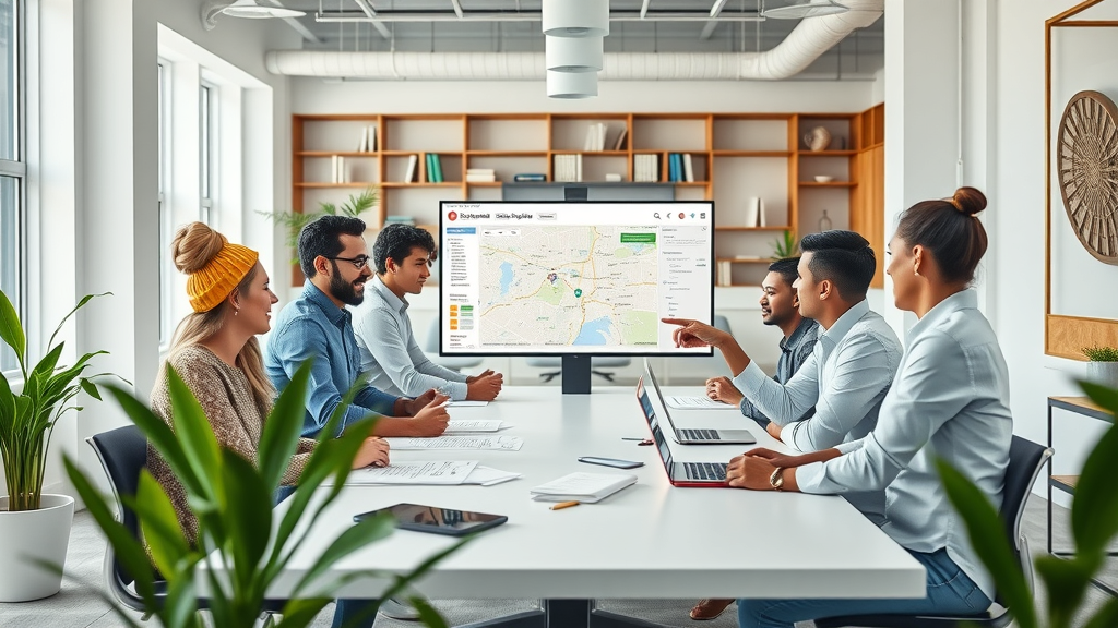 Diverse SEO company team planning local Grand Junction campaigns in modern office