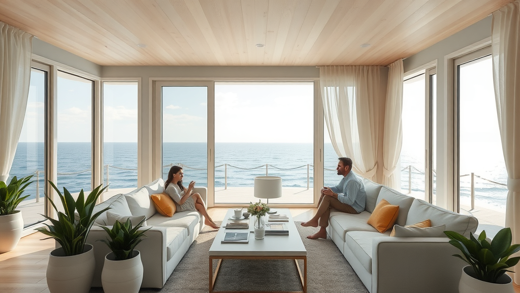 Luxury coastal living open living room with panoramic beachfront view