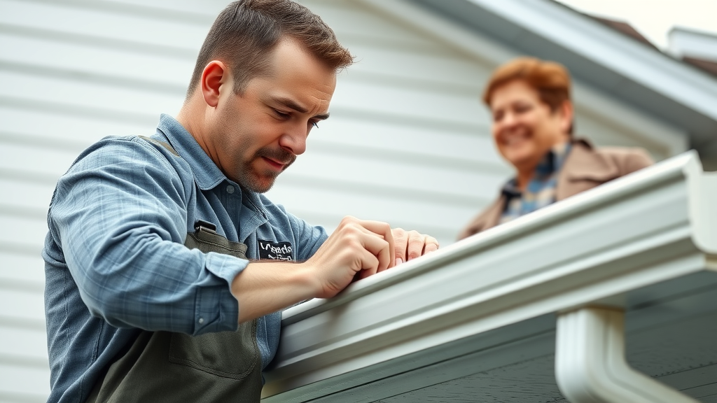 Expert technician installing new gutters on Staten Island home, homeowner smiling in background, shiny new gutter detail, light blue and white