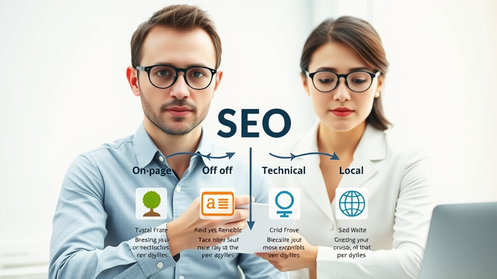 Infographic shows on-page SEO, off-page SEO, technical SEO, and local SEO as main SEO techniques.