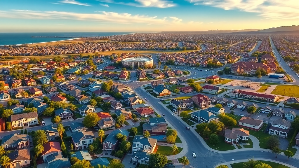 Orange County housing market, aerial community view with diverse homes and landscape.