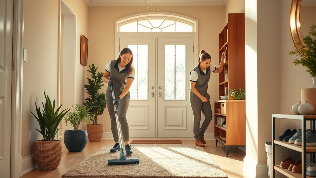 Local cleaning service team making a home entryway spotless and welcoming