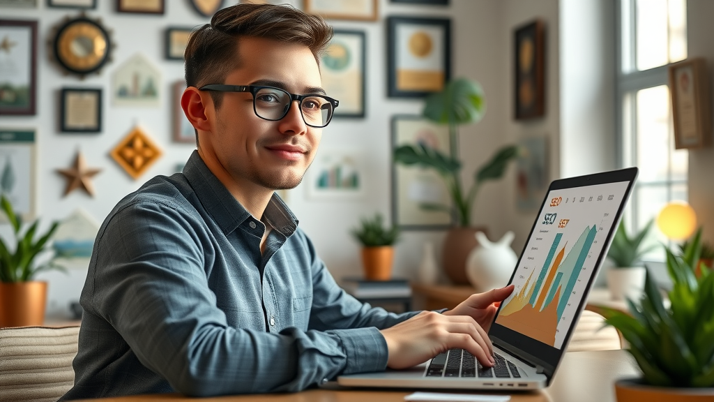 Entrepreneur using laptop with Edmonton SEO services infographic in office