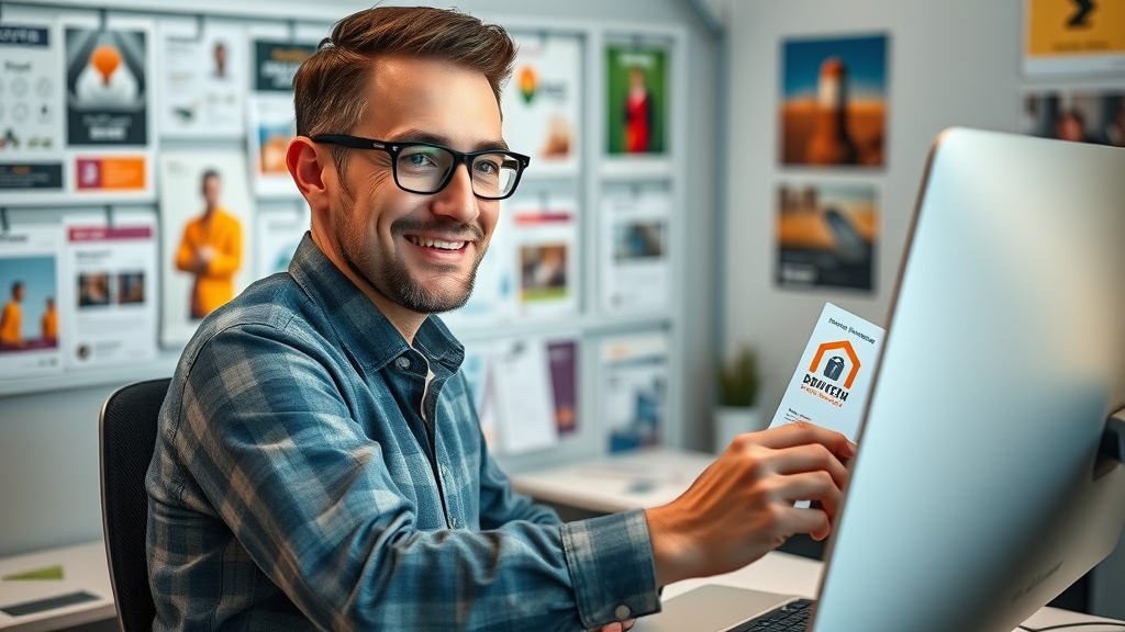 designer at work on business card and brochure mockups, graphic design services Monmouthshire, creative design wall with print samples