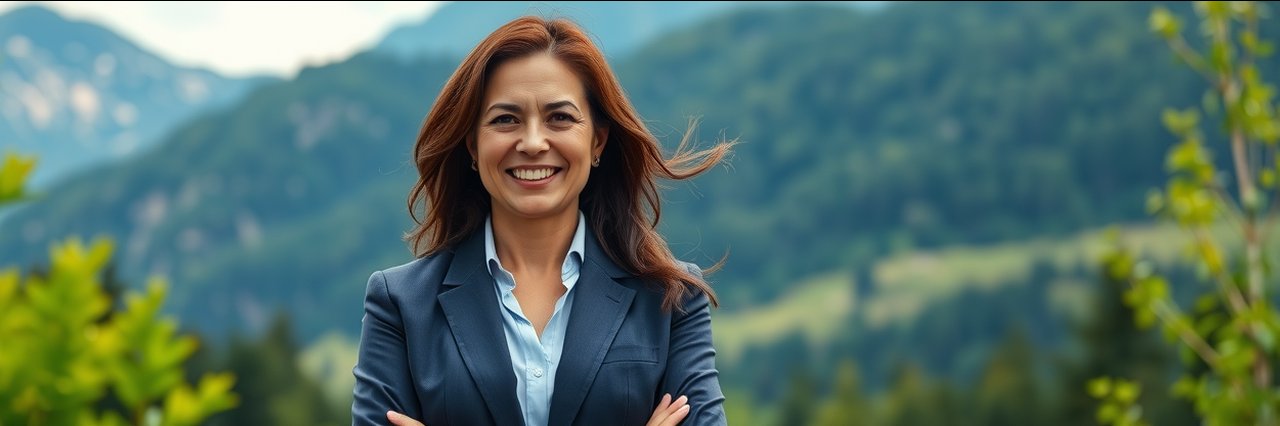 Professional woman outdoors representing real estate negotiation in a scenic setting.