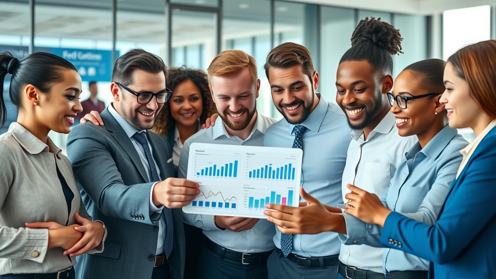 Dynamic team of business professionals collaborating on a business plan for 2025 in a modern office