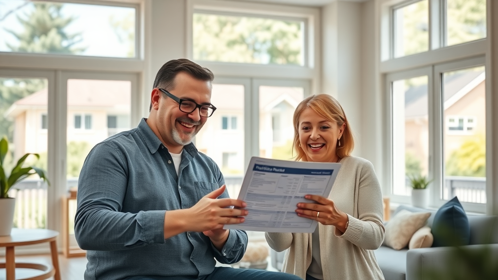 Home valuation services illustrated by couple reviewing house value in sunny living room