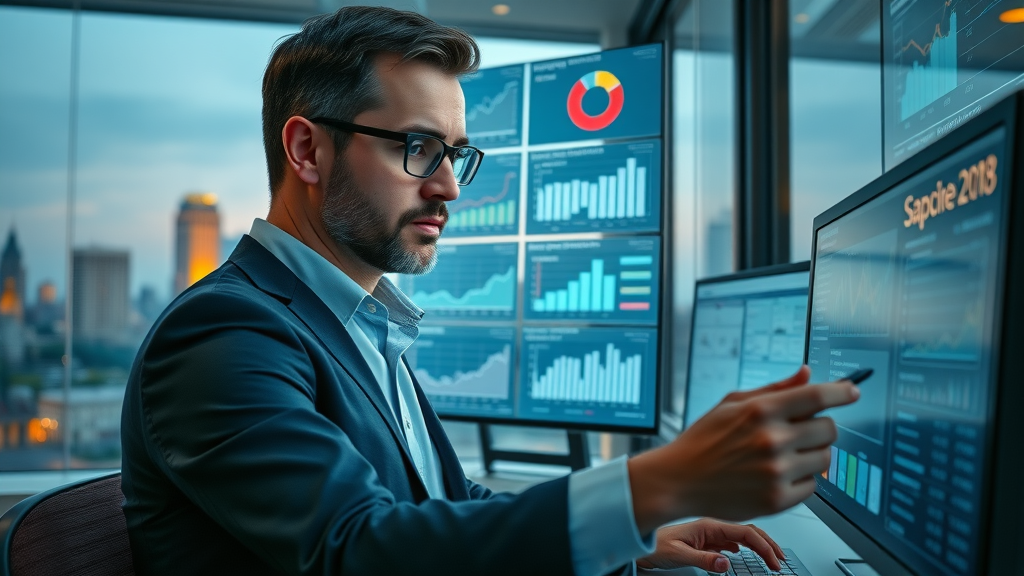 business owner analyzing sales data with AI dashboard, ai tool, business ai, small business ai
