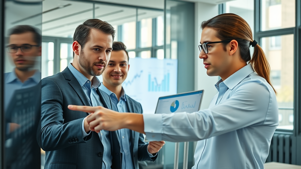 Insightful business team analyzing content performance charts with dynamic digital displays and content ROI comparisons