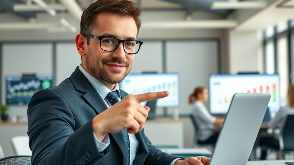 Business professional showing SEO techniques as search results on a laptop screen.
