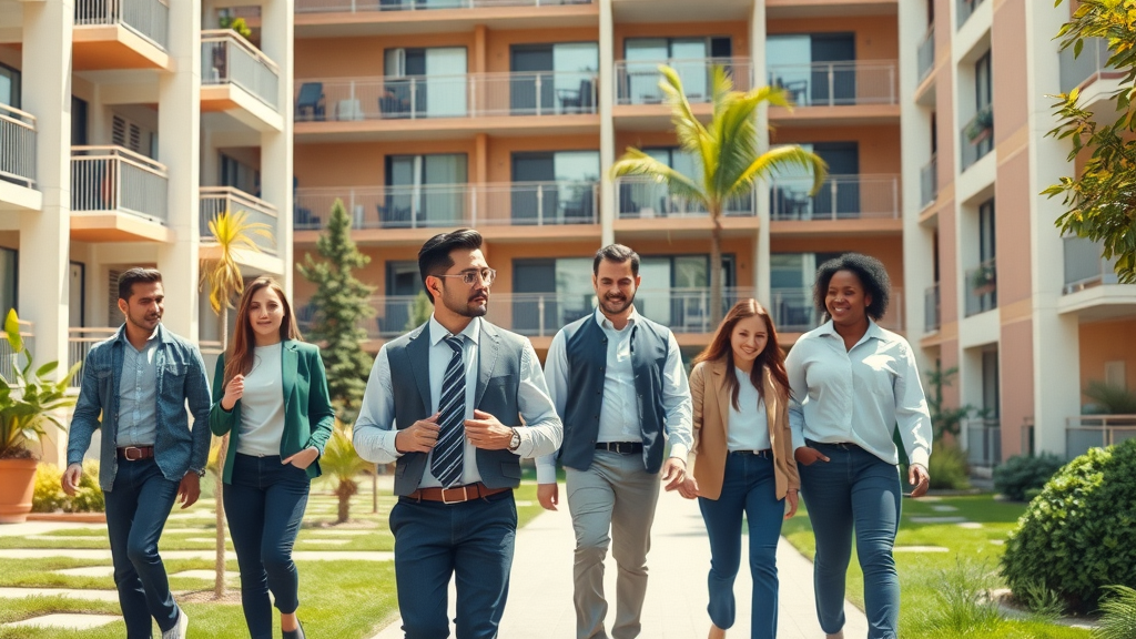 Professional multi-family property manager assisting tenants in modern apartment complex