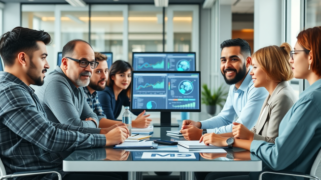 inspiring small business team discussing AI business strategy, small business ai, business owner, ai tools