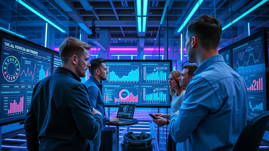 team of marketers analyzing content marketing ROI via digital dashboards and metrics