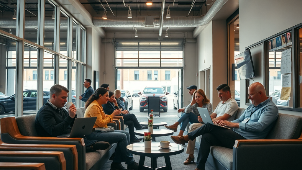 Comfortable waiting area in auto repair shop, clients using Wi-Fi, Irving TX
