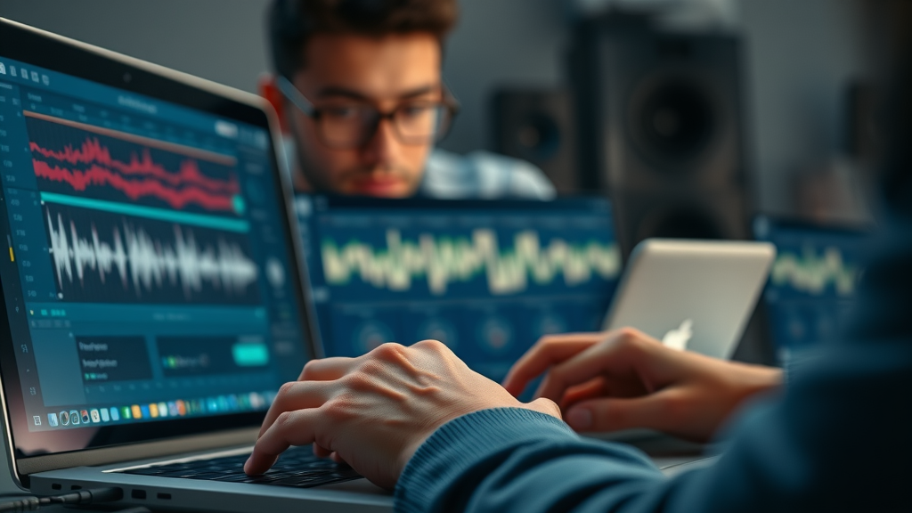 hands editing a podcast on audio editing software for high-quality podcsting