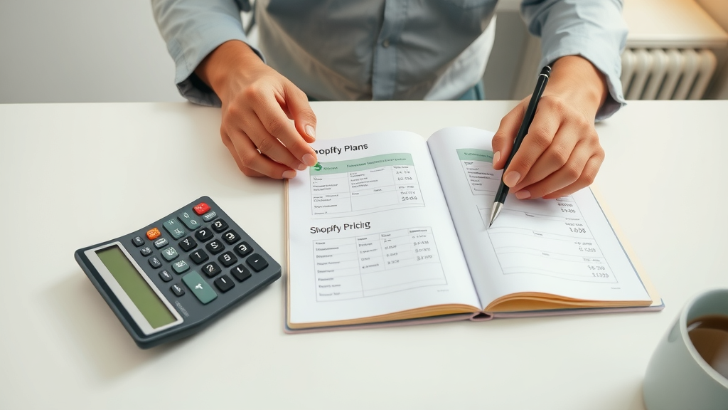 Person analyzing Shopify pricing plans with calculator and paperwork, preparing to start a Shopify store.