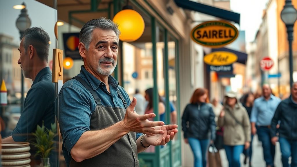 vibrant small business storefront with business owner interacting with customers, local SEO context, Main Street urban background, neighboring shops