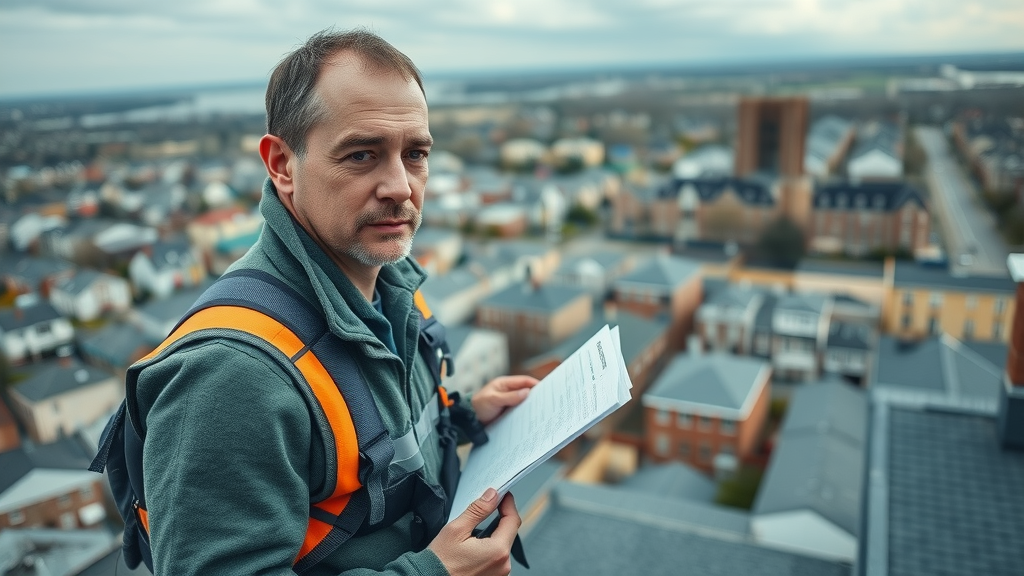 experienced Staten Island roofing inspector examining roof for replacement staten island, safety gear, panoramic neighborhood, reliability focus