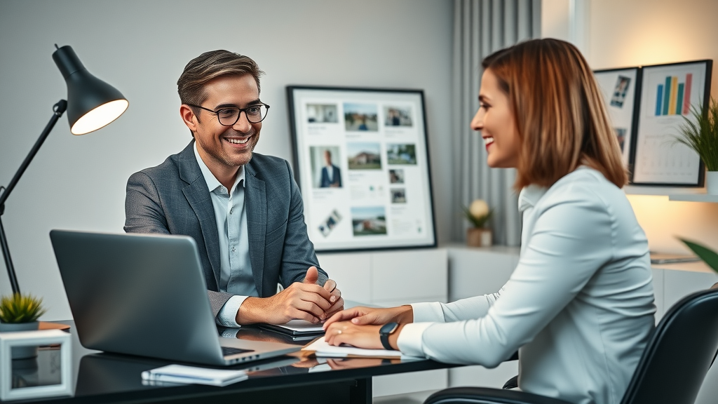 Agent helps client with personalized home buying using tech tools in office