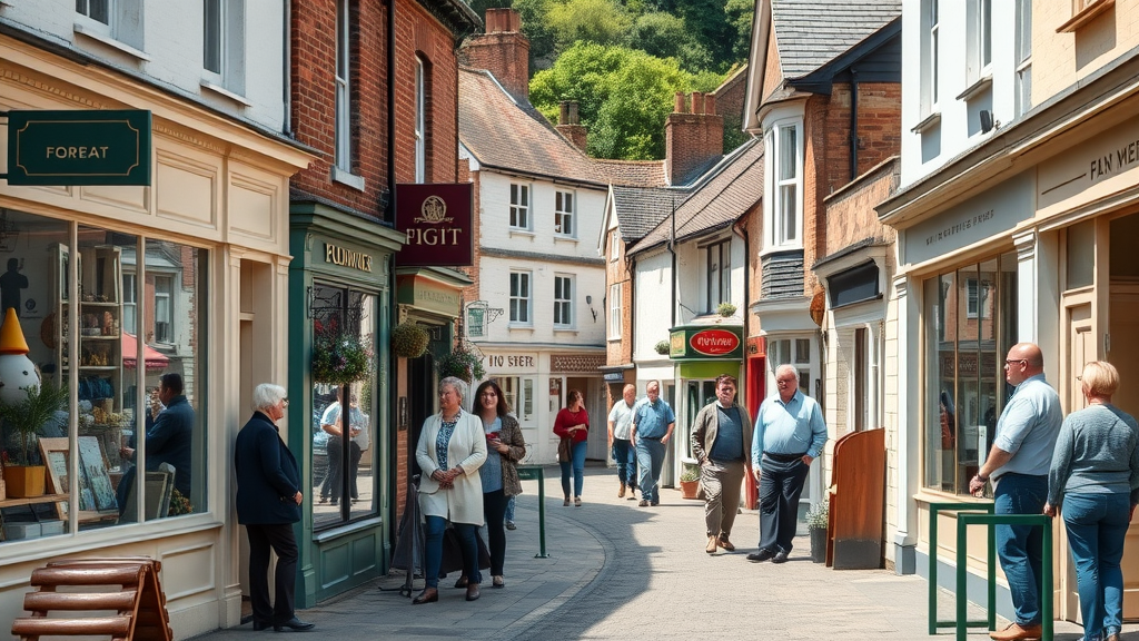 Vibrant Monmouthshire high street featuring local businesses, engaged community and friendly shop owners conversing, picturesque village setting, natural poses, bright sunny colors, business monmouthshire and community marketing in action, no disfigured limbs or text