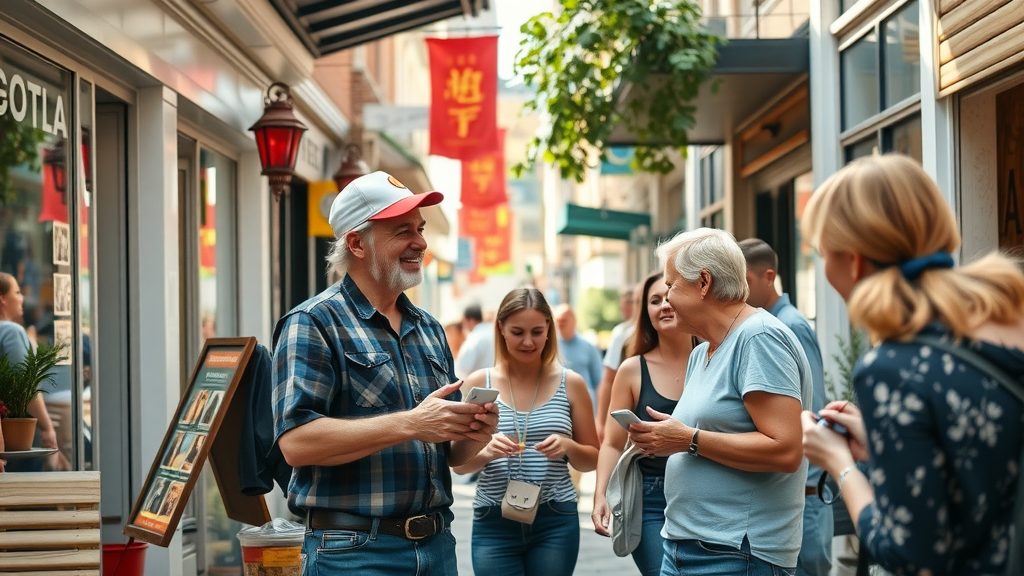 vibrant local business district, optimistic business owners engaging with customers, lively market street, Monmouthshire local business