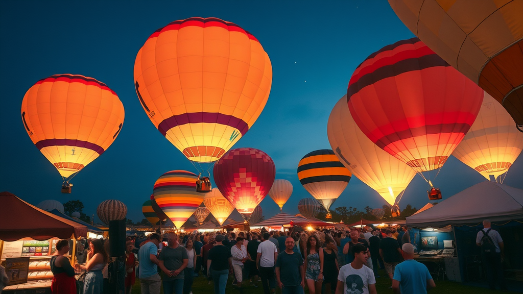 Glowing hot air balloons with live music and night festivities at NWA balloon festival.