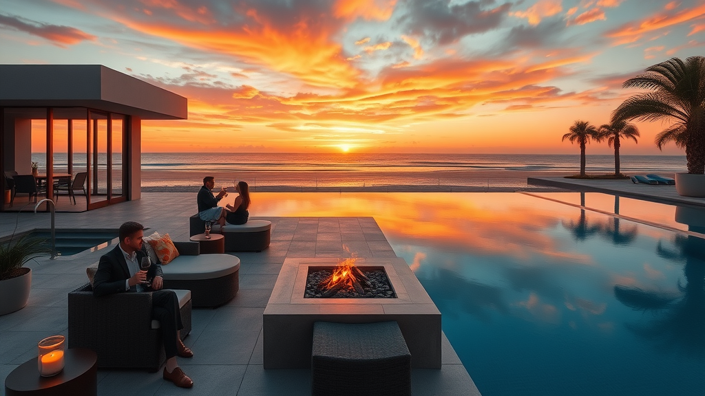 Luxury coastal living sunset courtyard with pool, fire pit, and ocean view