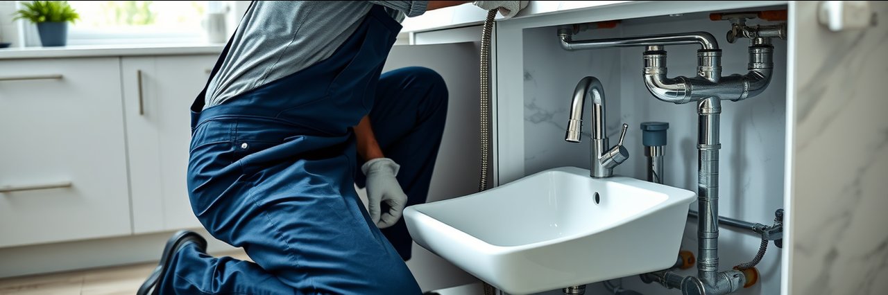 Plumber checking kitchen drain pipes for plumbing and drain services in modern kitchen