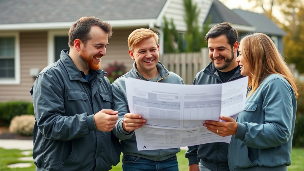 Professional roofing contractor team discussing roofing plan with Staten Island homeowner, roof inspection staten island, photorealistic.