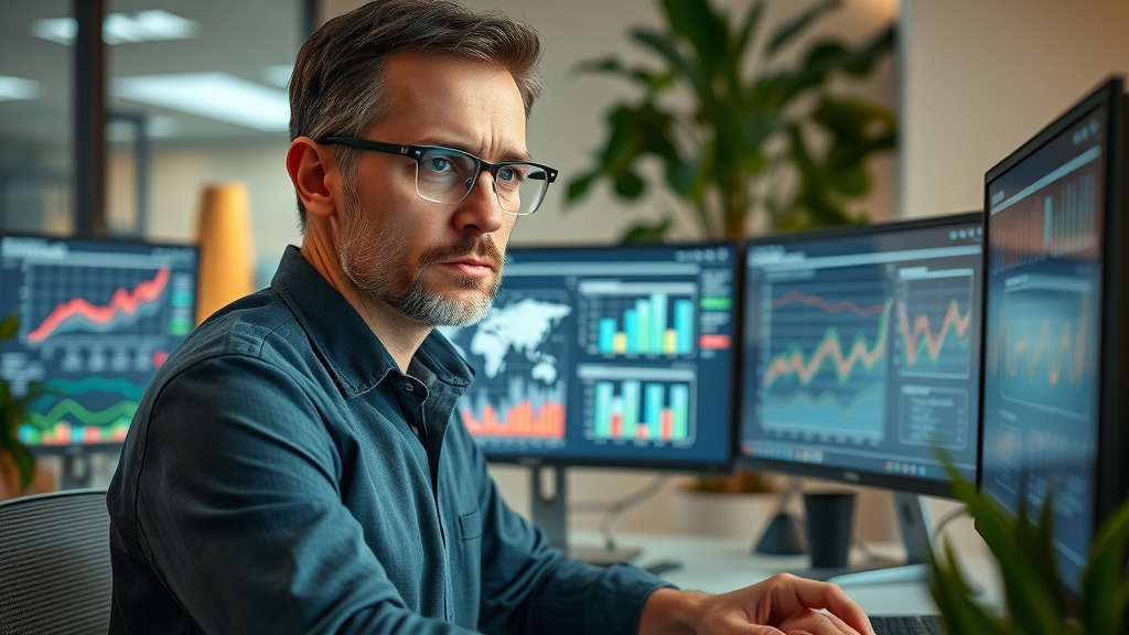 Professional analyst conducting market research for a 2025 business plan with digital graphs in a tech-savvy workspace